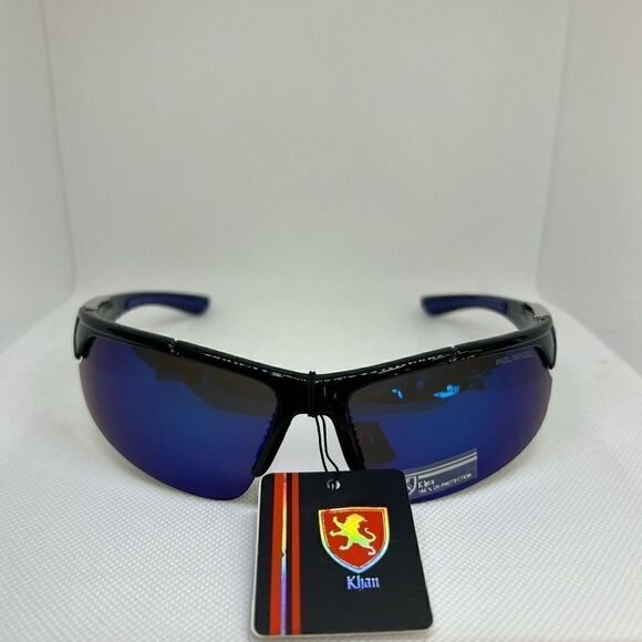 Khan Polarized Mirrored Mens Wrap Semi Rimless Sunglasses - Picture 2 of 3